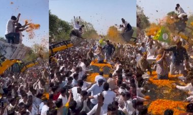 hanuman beniwal unique welcome for 20 jcbs and 11 quintals  flowers in nagaur