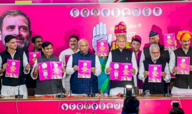 congress releases rajasthan election manifesto 4 lakh govt jobs gas cylinder in 400 chiranjeevi insurance of 50 lakh