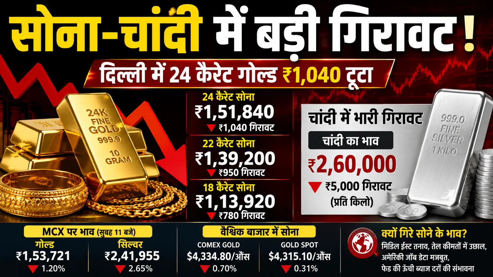 24 carat gold falls by rs1040 in delhi silver cheaper by rs5000 per kg
