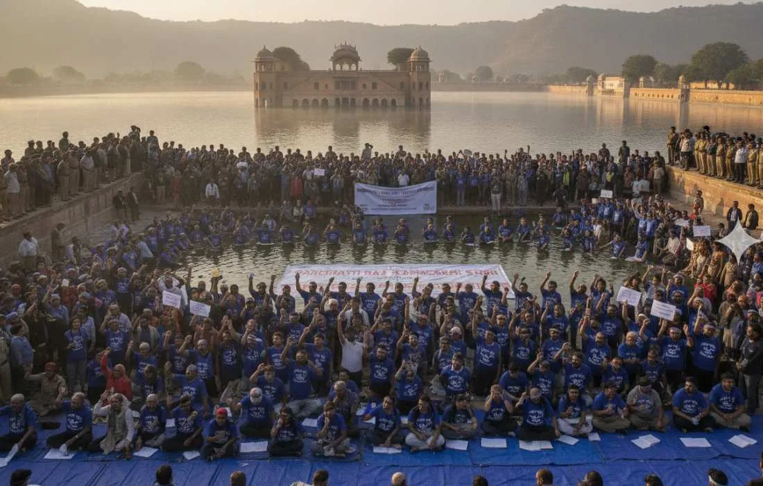 rajasthan panchayati raj employees protest jal mahal jal samadhi warning