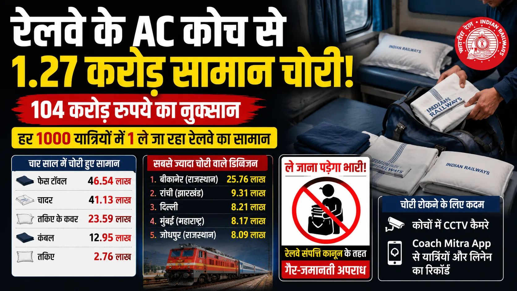 127 crore bedsheets and towels stolen from railway ac coaches in 4 years loss exceeding rs104 crore